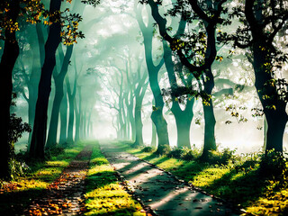 Generative AI - A tranquil forest path bathed in morning sunlight, perfect for a peaceful jog