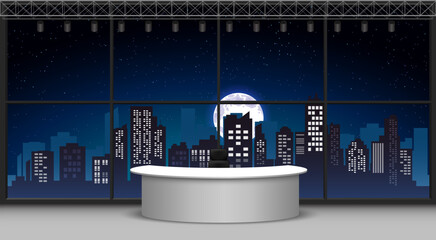 white table and lcd tv in the news studio room with city in the night background

