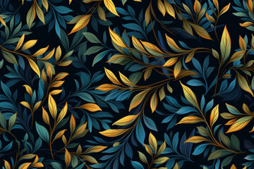 Dark blue, green and golden leaves on a dark blue background, pattern design, Generative AI