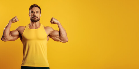 Handsome fit, athletic young man showing his muscles isolated on solid color background. - obrazy, fototapety, plakaty