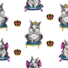 Cuty watercolor pattern with bunny. realistic drawing of a rabbit. cute drawing for kids. decoration for postcards, clip art. Cartoon pets watercolor hare.