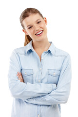 Excited, teen and portrait with cross arm is positive in png or isolated and transparent background with news. Girl, teenager and arms crossed with happy face is amazed or proud or confident.