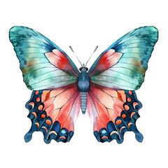 Fantasy Butterfly Watercolor Clipart, Teal and Coral Butterfly Clipart, made with generative AI