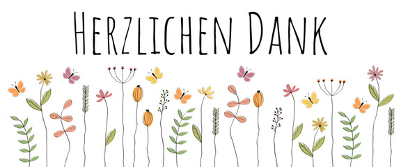 Herzlichen Dank - Schriftzug in deutscher Sprache. Dankeskarte mit liebevoll gezeichneter Blumenwiese.