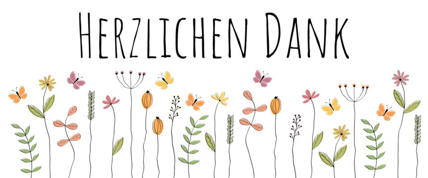 Herzlichen Dank - Schriftzug in deutscher Sprache. Dankeskarte mit liebevoll gezeichneter Blumenwiese.