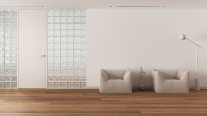 Minimal waiting sitting room with parquet in white and beige tones. Glass brick walls, soft armchairs, floor lamp and decors. Modern interior design idea