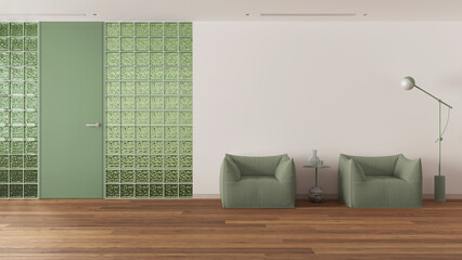 Minimal waiting sitting room with parquet in white and green tones. Glass brick walls, soft armchairs, floor lamp and decors. Modern interior design idea