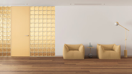 Minimal waiting sitting room with parquet in white and yellow tones. Glass brick walls, soft armchairs, floor lamp and decors. Modern interior design idea