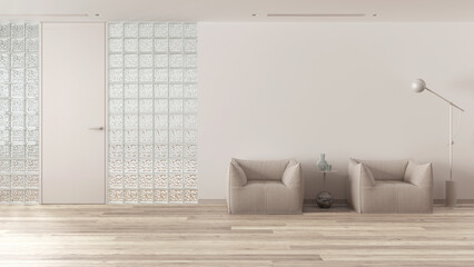 Minimal waiting sitting room with bleached parquet in white and beige tones. Glass brick walls, soft armchairs, floor lamp and decors. Modern interior design idea