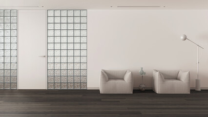 Minimal waiting sitting room with dark parquet in white and beige tones. Glass brick walls, soft armchairs, floor lamp and decors. Modern interior design idea