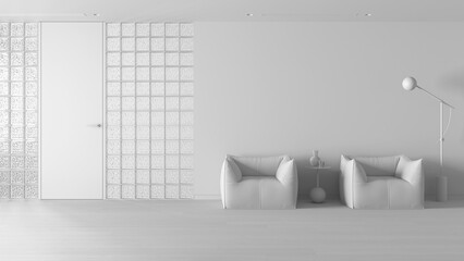 Total white project draft, minimal waiting sitting room with parquet. Glass brick walls, soft armchairs, floor lamp and decors. Modern interior design idea