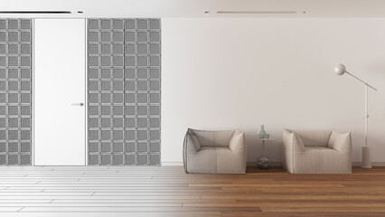 Architect interior designer concept: hand-drawn draft unfinished project that becomes real, minimal waiting sitting room. Glass brick walls. Modern interior design idea