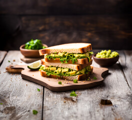 Avocado sandwich on wooden cutting board. Generative AI