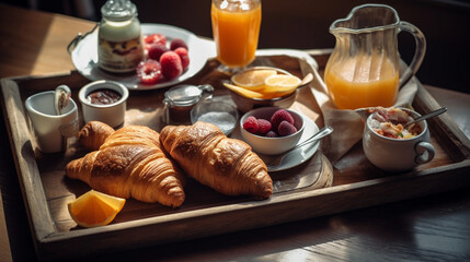Fototapeta na wymiar A breakfast tray with croissants, jam, freshly squeezed juice, and a cup of coffee