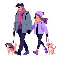 couple walking with a small dog in winter