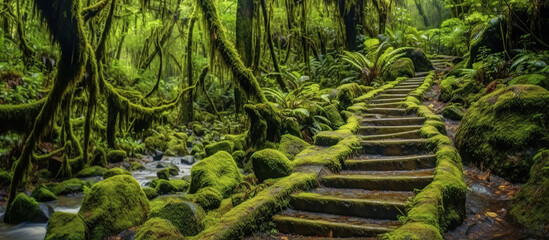 hiking trail meandering through lush rainforest, Generative AI