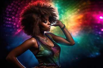 Beautiful African black girl dancing in colorful disco lights and stage smoke with copy space, generative AI - obrazy, fototapety, plakaty