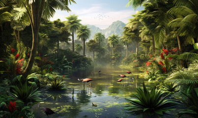 beautiful jungle beach lagoon view  palm trees and tropical leaves,