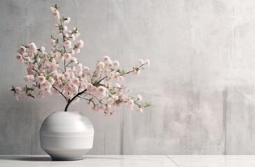 Fototapeta na wymiar Cherry blossom in a White ceramic vase on table, in sunlight from window on pastel gray wall, shadow on floor for decoration, luxury cosmetics, skincare, beauty product display, generative ai