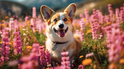 Charming corgi dog in flowers in the spring mountains Generative AI - obrazy, fototapety, plakaty