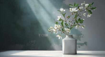 Fototapeta na wymiar White ceramic vase with blooming flowers branches in sunlight from window on pastel emerald gray wall, shadow on white floor for decoration, luxury cosmetics, skincare, beauty product, generative ai
