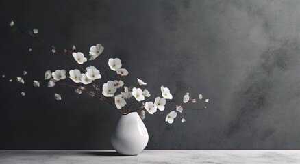 White ceramic vase on table, with blooming flowers  in sunlight from window on dark gray wall, shadow on white marble floor for decoration, luxury cosmetic, skincare, Generative ai