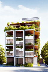 Modern eco-friendly multifamily homes with photovoltaic cells.AI generativ