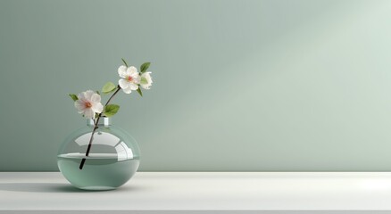 Modern glass vase with cherry flowers in sunlight from window on green wall, shadow on white marble floor for decoration, luxury cosmetic, skincare, beauty product background display, Generative ai © lanters_fla