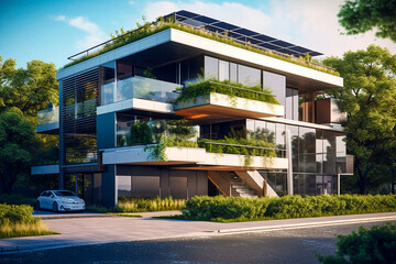 Fototapeta premium Modern eco-friendly multifamily homes with photovoltaic cells.AI generativ