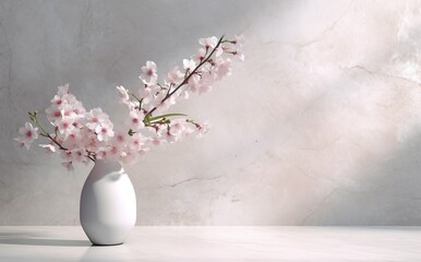White ceramic vase with blooming pink flowers in sunlight from window on pastel pink gray wall, shadow on white floor for decoration, luxury cosmetic skincare, beauty product background, generative ai