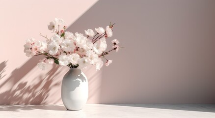 White ceramic vase with blooming flowers branches in sunlight from window on pastel pink gray wall shadow on white floor for decoration, luxury cosmetic skincare beauty product display, generative ai