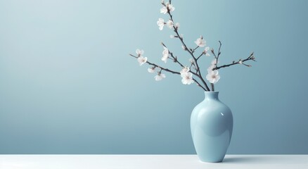 Blue ceramic vase with blooming cherry flowers in sunlight from window on pastel blue wall, shadow on white floor for decoration, luxury cosmetic, skincare, beauty product background, generative ai