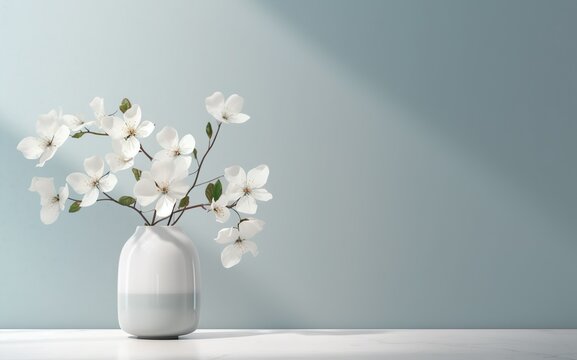 White ceramic vase with blooming white flowers in sunlight from window on pastel blue wall, shadow on white floor for decoration, luxury cosmetic, skincare, beauty product background, generative ai