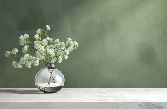 Modern glass vase with white flowers in sunlight from window on green wall, shadow on floor for decoration, luxury cosmetics, skincare, beauty product background display, Generative ai