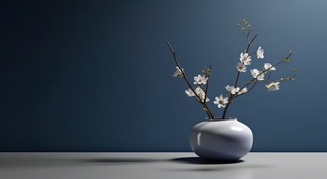 White ceramic vase with blooming flowers branches in sunlight from window on dark blue wall, shadow, for decoration, luxury cosmetic, skincare, beauty product background display, generative ai