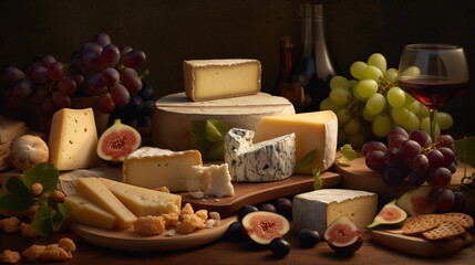 A tempting selection of various cheeses with grapes and crackers