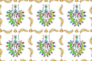 Seamless pattern with interesting doodles on colorfil background. Pano. Raster illustration.