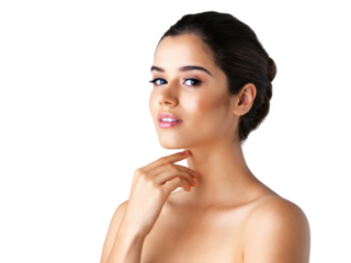 Beauty, skincare and portrait of a woman with cosmetic morning routine isolated in a transparent or png background. Natural, self care and young person touch clean neck skin due to dermatology