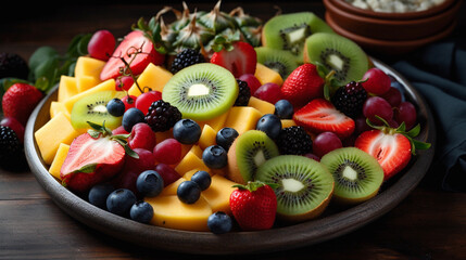 A colorful fruit platter featuring pineapple, watermelon, berries, and kiwi