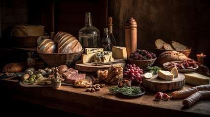 A rustic wooden table adorned with an array of savory cheeses and cured meats