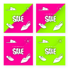 Bright juicy neon SHOES SUMMER SALE banner for social media. Summer sale offer sign. Bright juicy neon simple stylish vector banner	