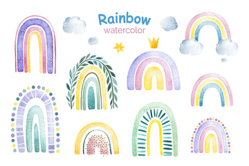 Cute unicorns collection. Watercolor set with rainbows and clouds. Pastel colors.Perfect for print,wallpapers,textile,packaging,baby clothes,fabric,birthday,nursery and more
