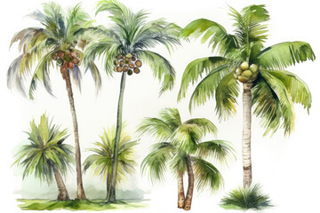 Fototapeta na wymiar Green palm tree painted in watercolor and set against a white background. old fashioned coconut trees tropical rainforest with flowers, generative AI
