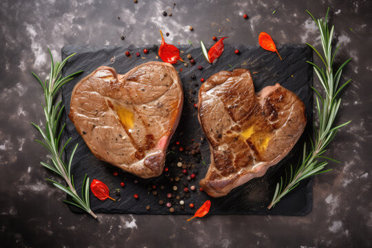 On a stone background, two spiced, heart shaped marble beef steaks are being grilled