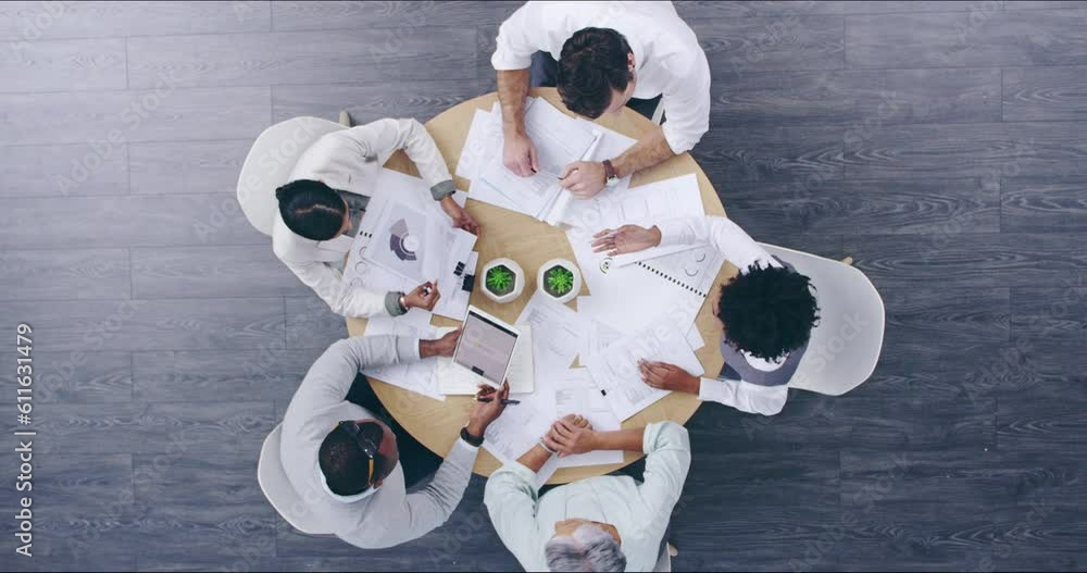 Poster business people, timelapse and table circle with paperwork, communication and meeting. company plann