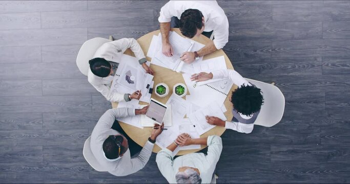 Business people, timelapse and table circle with paperwork, communication and meeting. Company planning, above and staff with graphic designer team working with agency notes and data information