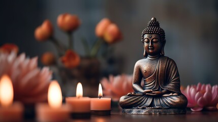 Fototapeta premium Buddha statue with lotus flowers and candles, Generative AI