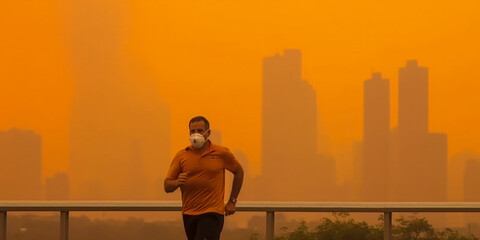 Fototapeta premium An athlete runs through the streets as wildfire smoke bathed New York City in fumes - Generative AI