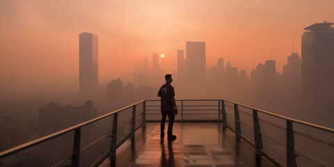 Fototapeta premium An athlete runs through the streets as wildfire smoke bathed New York City in fumes - Generative AI