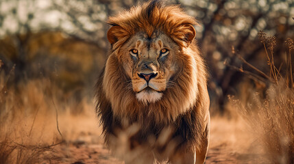 Obraz na płótnie Canvas Lion portrait on savanna Generative AI